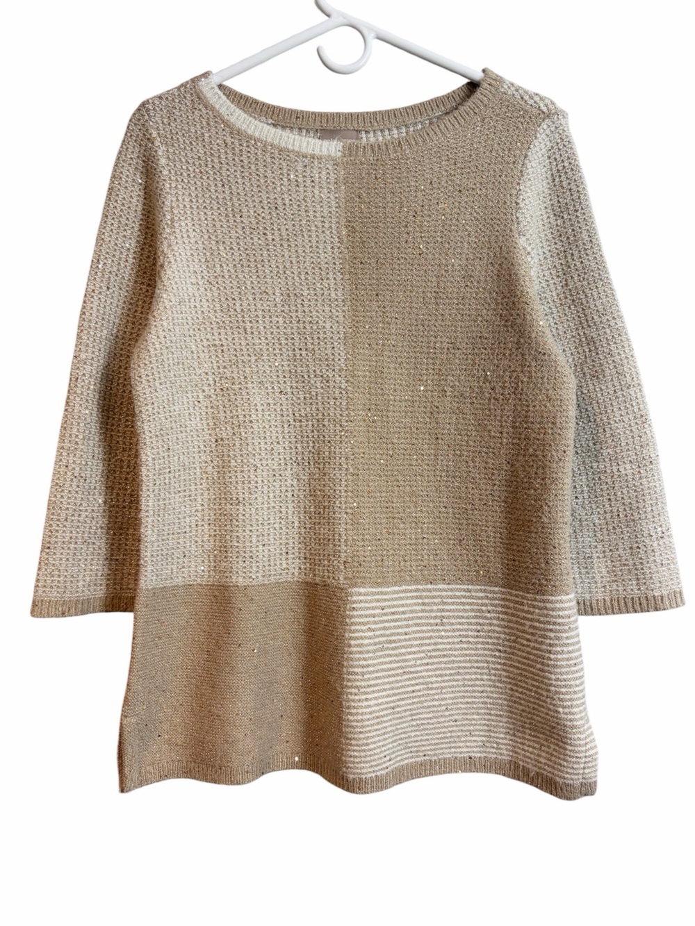 Chicos Tan Metallic Stitch Sequin Sparkle Colorblock Sweater